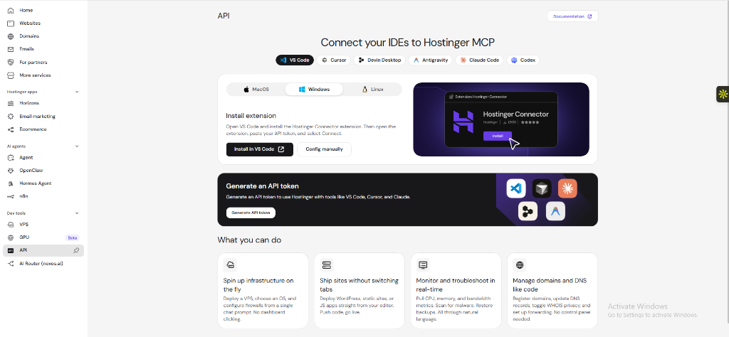 Hostinger MCP and API Token Configuration Panel
